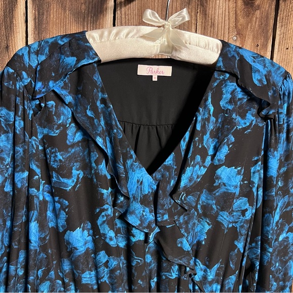 Parker Maisy Sheer Black & Blue Floral Printed Ruffle Long Sleeve Dress Sz M - Picture 6 of 15